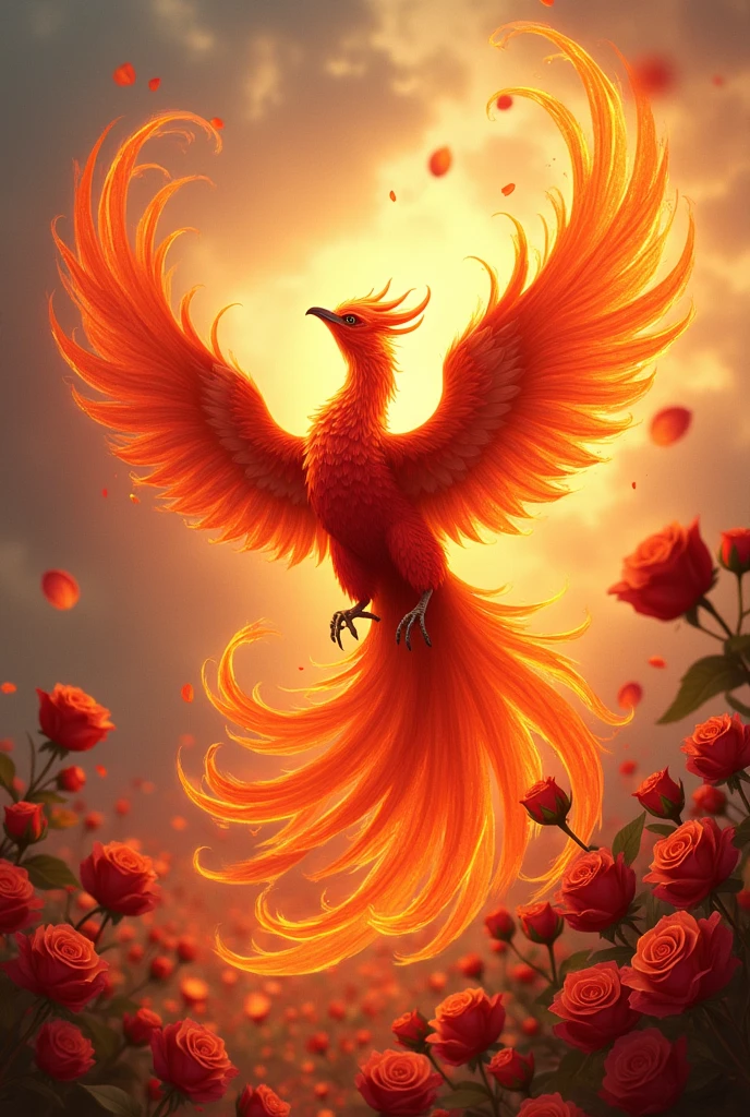 Fire phoenix with the background drawn outline of roses in a rose sky crowded with roses