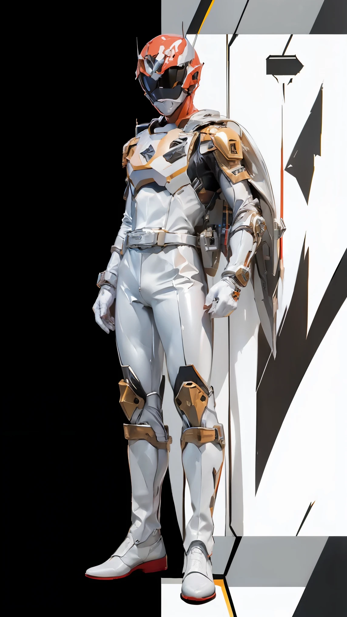 1boy, full body, Illustration, cinematic light, high resolution, best quality, ultra detailed, masterpiece, power suit, powerranger, suit, spd, (silver royal guard ranger suit), gold detail, (((white suit)))