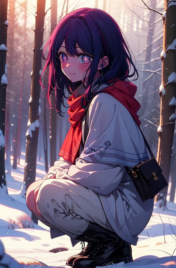 aihoshino, Ai Hoshino, Long Hair, bangs, (Purple eyes:1.1), Purple Hair, (Symbol-shaped pupil:1.5), smile,,smile,blush,white breath,
Open your mouth,snow,Ground bonfire, Outdoor, boots, snowing, From the side, wood, suitcase, Cape, Blurred, , forest, White handbag, nature, Squat, Mouth closed, Cape, winter, Written boundary depth, Black shoes, red Cape break looking at viewer, Upper Body, whole body, break Outdoor, forest, nature, break (masterpiece:1.2), Highest quality, High resolution, unity 8k wallpaper, (shape:0.8), (Beautiful and beautiful eyes:1.6), Highly detailed face, Perfect lighting, Extremely detailed CG, (Perfect hands, Perfect Anatomy),