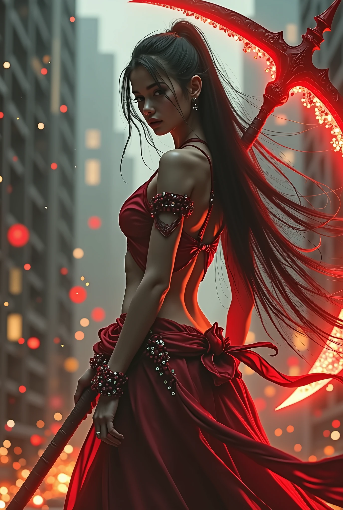 Words "infinite" Write in large letters at the bottom of the screen., A girl wielding huge scythe, The sickle was bigger than her body., ((Masterpiece, Highest quality, Highest picture quality, high resolution, realistic, raw photos, 8ก)), ((A collection of 8K CG wallpapers that are very detailed.)), (Shoot a huge amazing goddess., Very hot and sexy, jaw-dropping beauty, perfect proportions, beautiful body, Hiding the tiger stripes on the body, slim body beauty:1.4), A girl wielding huge scythe, Movie Poster, (huge scythe:1.5),