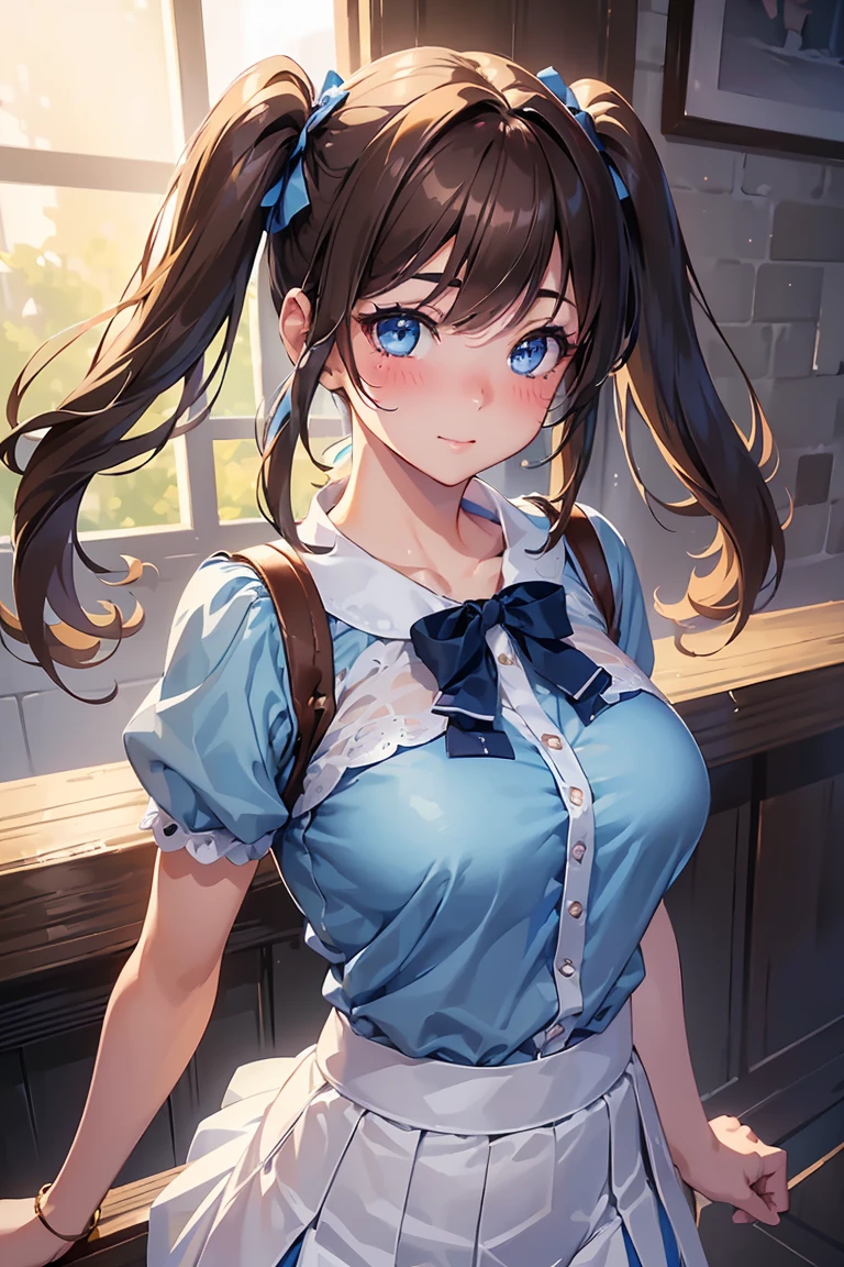 ((Tabletop, Highest quality, High resolution, Hmph, Pixel perfect, 4K, Hmph, Hmph))), One Girl, single, alone, Beauty、The whole body is visible、 ((Twin tails, bangs, Brown Hair)), ((Blue eyes, Beautiful eyelashes, Realistic eyes)), ((Detailed face, blush:1.2)), ((Smooth texture:0.75, Realistic texture:0.65, Realistic:1.1, Anime CG style)), Big Breasts, Dynamic Angle, Perfect body, ((Light blue blouse, White Skirt))Very embarrassing panic smile, slouch。missing limb、bad hands、Hands behind your hips