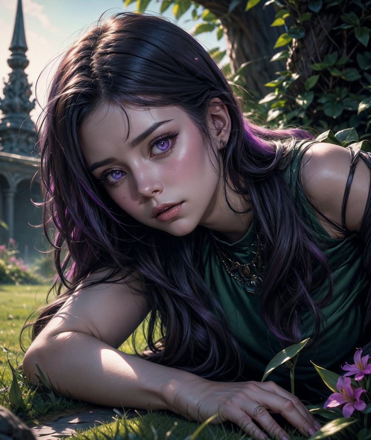 A striking dark fantasy film poster featuring a girl with violet eyes and long, wavy pink hair adorned with lilac lilies. She is lying gracefully on a lush green lawn, her gaze directed forward with an alluring expression. The background is filled with shadows and dark tones, creating an enigmatic atmosphere. The overall mood is mysterious and captivating, drawing the viewer into the enchanting world of the film.
