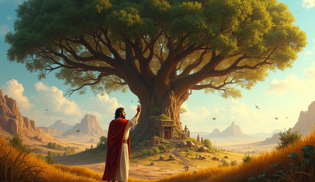 Create an image of a biblical landscape where a towering tree is at the center, with different branches extending in different directions. Each branch should lead to a small scene, as a thriving market, a gold mine, and harvest fields, representing the various forms of investment. Around the tree, animals and birds find shelter and thrive, symbolizing that diversification creates a healthy and lasting financial ecosystem. Solomon is under the tree, touching one of the branches with an expression of approval, envisioning the secure future that diversification provides.