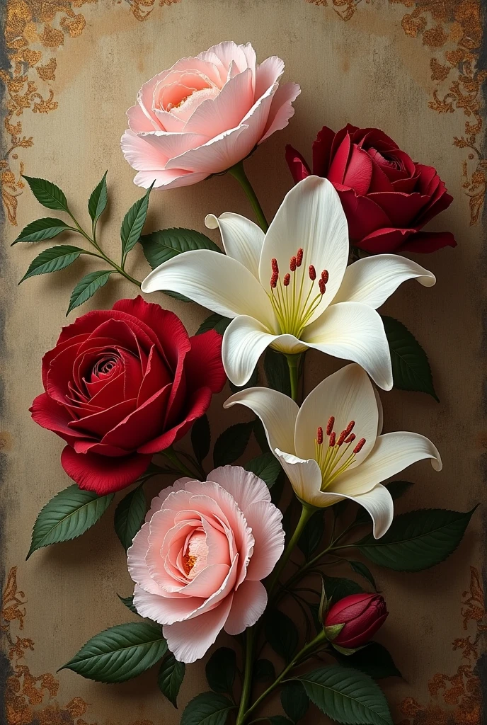 Design for me ,Choose intricate flowers that were popular during the Renaissance, such as roses., lily, Or camellia