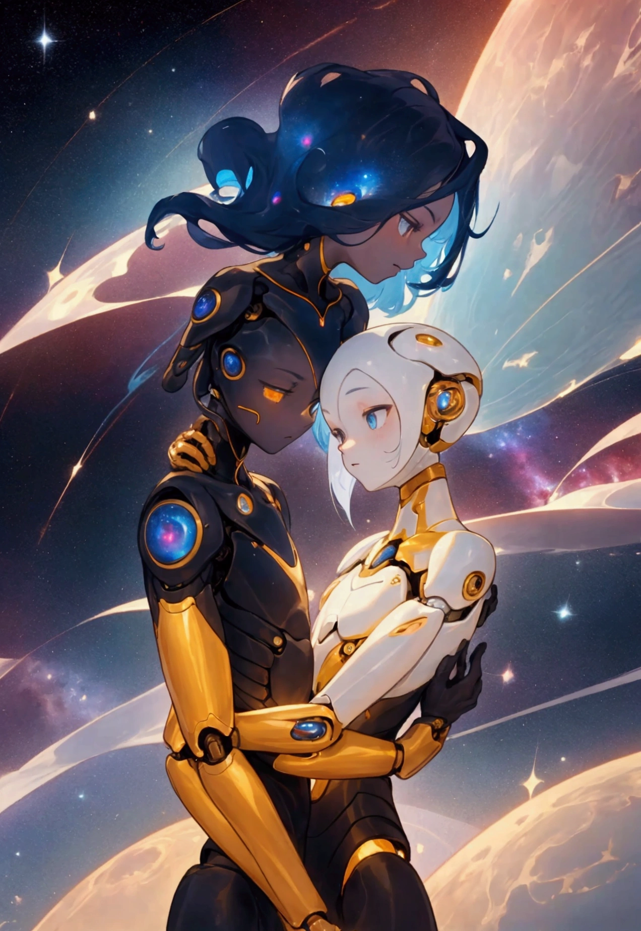 Create an image of a vast, star-filled cosmos where two figures, one human and the other a humanoid with subtle mechanical features, float together in the weightlessness of space. They are holding hands, surrounded by a nebula of vibrant, swirling colors. The Earth is visible as a small blue dot in the background, while the human looks into the humanoid's eyes with a mixture of awe and love. The humanoid’s expression reflects a gentle, almost human-like warmth. The scene captures a moment of profound connection, blending the mystery of the universe with the intimacy of their bond.