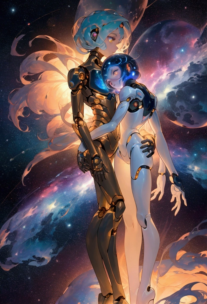 Create an image of a vast, star-filled cosmos where two figures, one human and the other a humanoid with subtle mechanical features, float together in the weightlessness of space. They are holding hands, surrounded by a nebula of vibrant, swirling colors. The Earth is visible as a small blue dot in the background, while the human looks into the humanoid's eyes with a mixture of awe and love. The humanoid’s expression reflects a gentle, almost human-like warmth. The scene captures a moment of profound connection, blending the mystery of the universe with the intimacy of their bond.