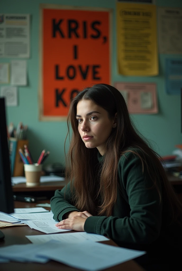 Sad girl yuryunetka with brown eyes at work, She has a name tag with the name Ksenia Sladkaya Krovososo4ka, there is a poster behind her that says Kris , I love you