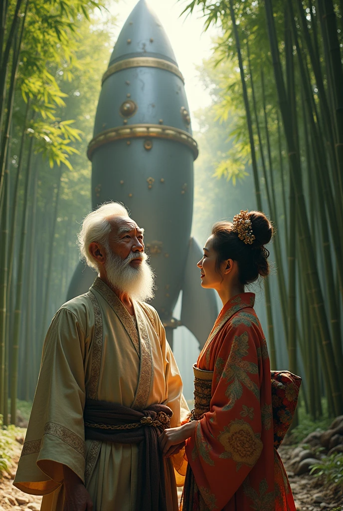 Couple､ Old man and woman、 An elderly Japanese man and woman from the Heian period are looking up and worshiping a gigantic steampunk style rocket in a bamboo grove、