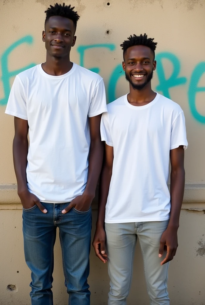 Create a split-image of the same light skinned 21 years old Ethiopian man shown side by side against a messed up wall as a background to illustrate a before and after transformation. In the 'before' image on the left, depict the man as shorter and wearing a plain white T-shirt and jeans. In the 'after' image on the right, show the same man taller, with no change in physique, wearing the same white T-shirt but with casual pants instead. Both images should have the man smiling and looking directly at the camera, with a noticeable difference in height and little difference on presence. The background should be the same for both pictures and minimalist with natural lighting, highlighting the transformation. Make the picture realistic