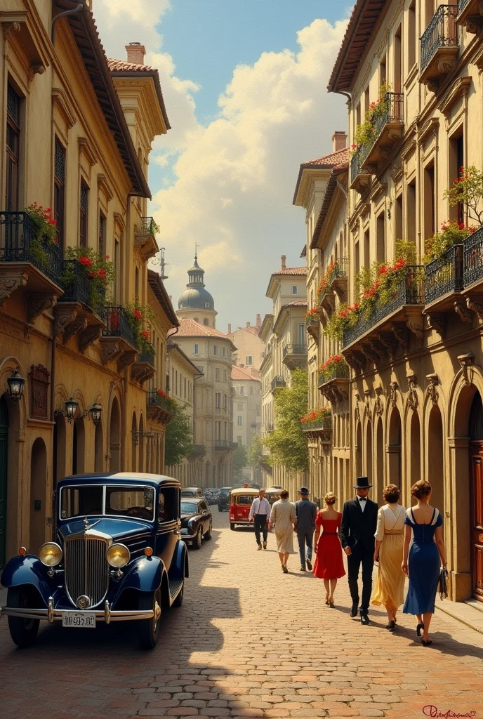 Oil painting cobblestone street with historic buildings, vintage cars, and people in period-appropriate clothing, capturing the charm of a bygone era.
