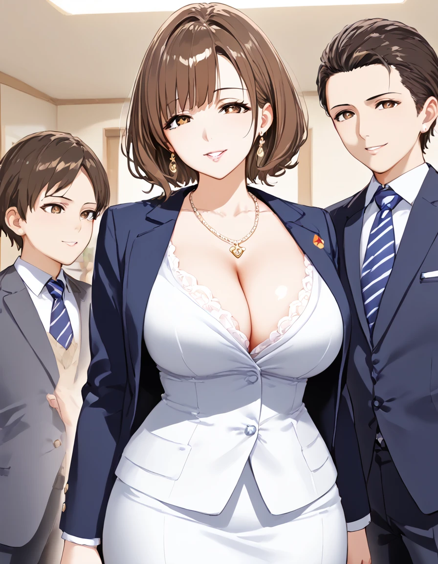 Highest quality,Ultra-high quality,woman,Mature Woman,42 years old,Beautiful face,bangs,Light pink lip,Earrings,necklace,Brown eyes,Bob Hair,Brown Hair,Hide the cleavage,woman教師の正装,suit,skirt,School Music Room