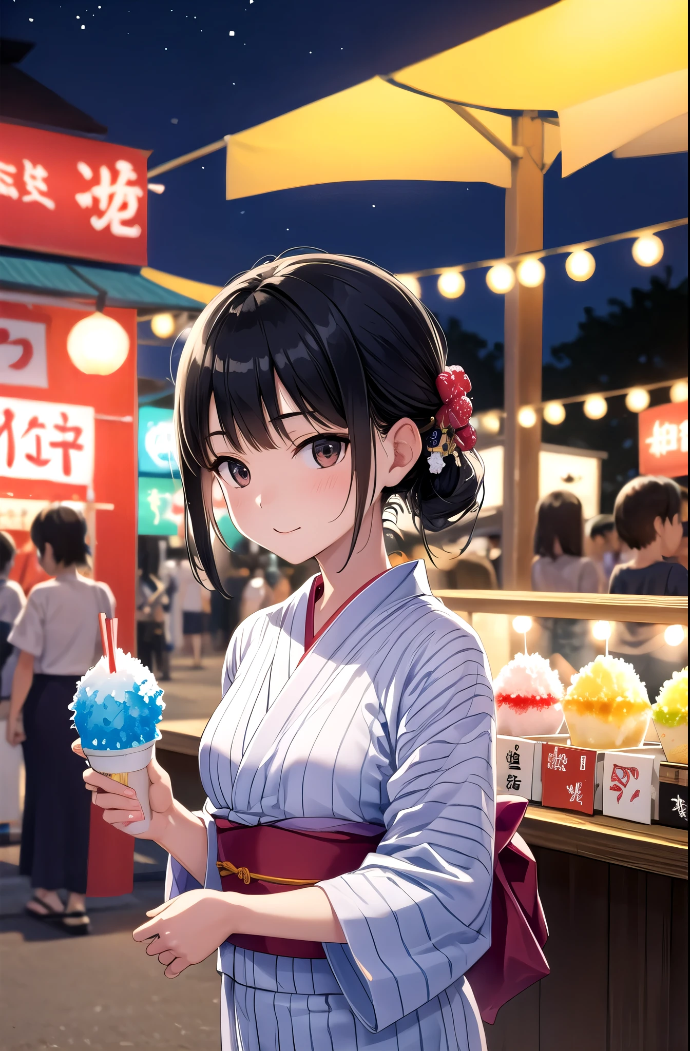 shaved ice,yukata,Black Hair,Summer festival,night,stall