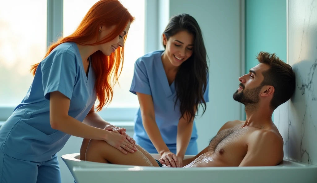 ultra realistic, photography, three girls: one with long straight red hair, (24 years old, hourglass figure, perfect body, natural medium breasts), the second one: long black straight hair, (30 years old, tanned skin, hourglass figure, perfect fit body, natural big breasts), the third one with long straight blonde hair, (wavy elegant hair, blue eyes, perfect round lips, 22 years old, gorgeous face, voluptuous figure, perfect fit body, big enhanced breasts), they are wearing sexy nurse outfits with great cleavage, perfect round cleavage,, they have perfect round cleavage, great cleavage, they are sexy nurses in a hospital, they are bathing a handsome man, he is 30 years old with brown short hair, he is naked in the bathtub, they are standing outside of the bathtub and clean his upper thighs with a soapy sponge, he has his eyes closed and lips slightly parted