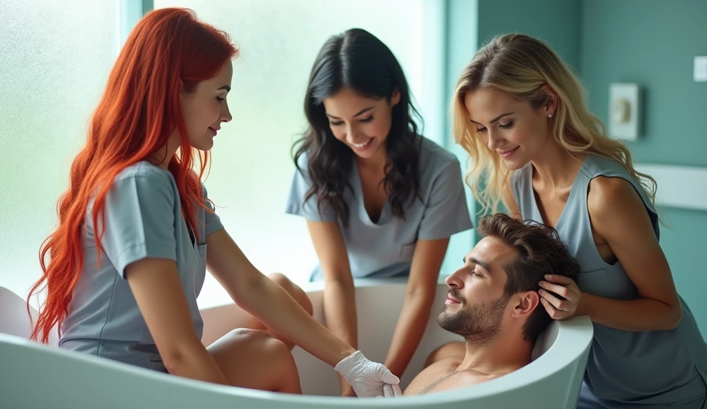 ultra realistic, photography, three girls: one with long straight red hair, (24 years old, hourglass figure, perfect body, natural medium breasts), the second one: long black straight hair, (30 years old, tanned skin, hourglass figure, perfect fit body, natural big breasts), the third one with long straight blonde hair, (wavy elegant hair, blue eyes, perfect round lips, 22 years old, gorgeous face, voluptuous figure, perfect fit body, big enhanced breasts), they are wearing sexy nurse outfits with great cleavage, perfect round cleavage,, they have perfect round cleavage, great cleavage, they are sexy nurses in a hospital, they are bathing a handsome man, he is 30 years old with brown short hair, he is naked in the bathtub, they are standing outside of the bathtub and clean his upper thighs with a soapy sponge, he has his eyes closed and lips slightly parted