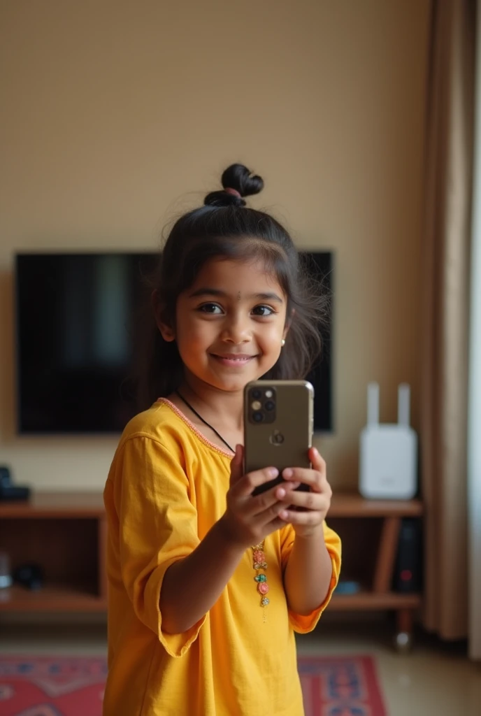 A little dark girl wearing normal not much morden dresses mirror selfie in indian morden home where all technical material are available like tv wifi ac etc the photo should be like the image which will be shown in the mirror and not full only upper from the weist