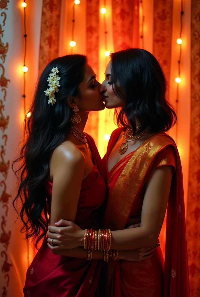 A sexy Indian wife with huge boobs wearing sexy red party wear thin  saari long clevage standing nose to nose with her rivals women who wearing red 
thin  sexy saari long clevage big boobs both women standing in kitchen staring each other angrily look like bollywood actress 