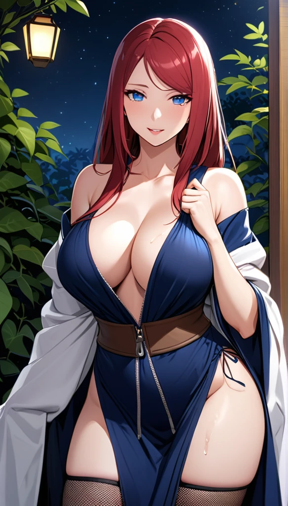 
solo, long hair, breasts, looking at viewer, bangs, big breasts:1.5, hair ornament, cleavage, blue eyes, full body, clip on hair, laughter ,parted lips, japanese clothes, mole, mole under eye, kushina ,curve body,milf,motherly,mature female,night sky ,standing ,cross hand holding dress,untied dress, cowboy shot, off the shoulder,oil skin, Milky white skin, ,wet hair, mercenary pose,face on front,big round breasts. slightly , slim body, sexy body, white skin,  loose dress ,face on camera , erotic pose,in a garden,She wears a transparent long-sleeved i ca se hand, dark blue dress that falls just below the knees. It seems to be closed at the front with a zipper, and is kept open on the front-right side from the waist down. The dress only covers up to the upper part of her arms and the underside of her breasts. Underneath, she wears a mesh armour that covers slightly more of her upper body than her dress. She also wears a skirt in the same colour as her dress and, underneath those, mesh leggings reaching down over her knees