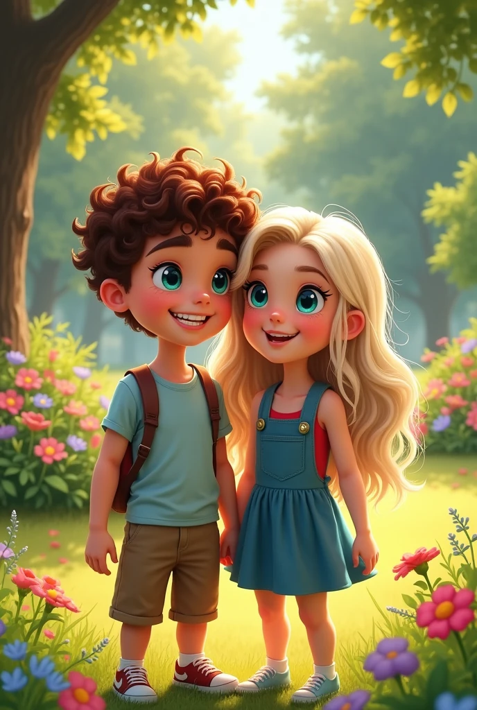 Boy short curly dark auburn hair,and blue green eyes with girl her age long wavy platinum blonde hair blue eyes . Both are teenagers