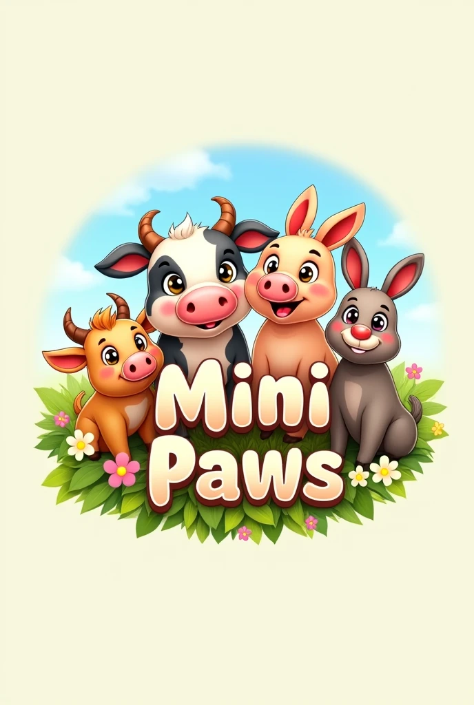 Create a REALISTIC brand logo for a cow pig goat rabbit store ,com nome mini paws