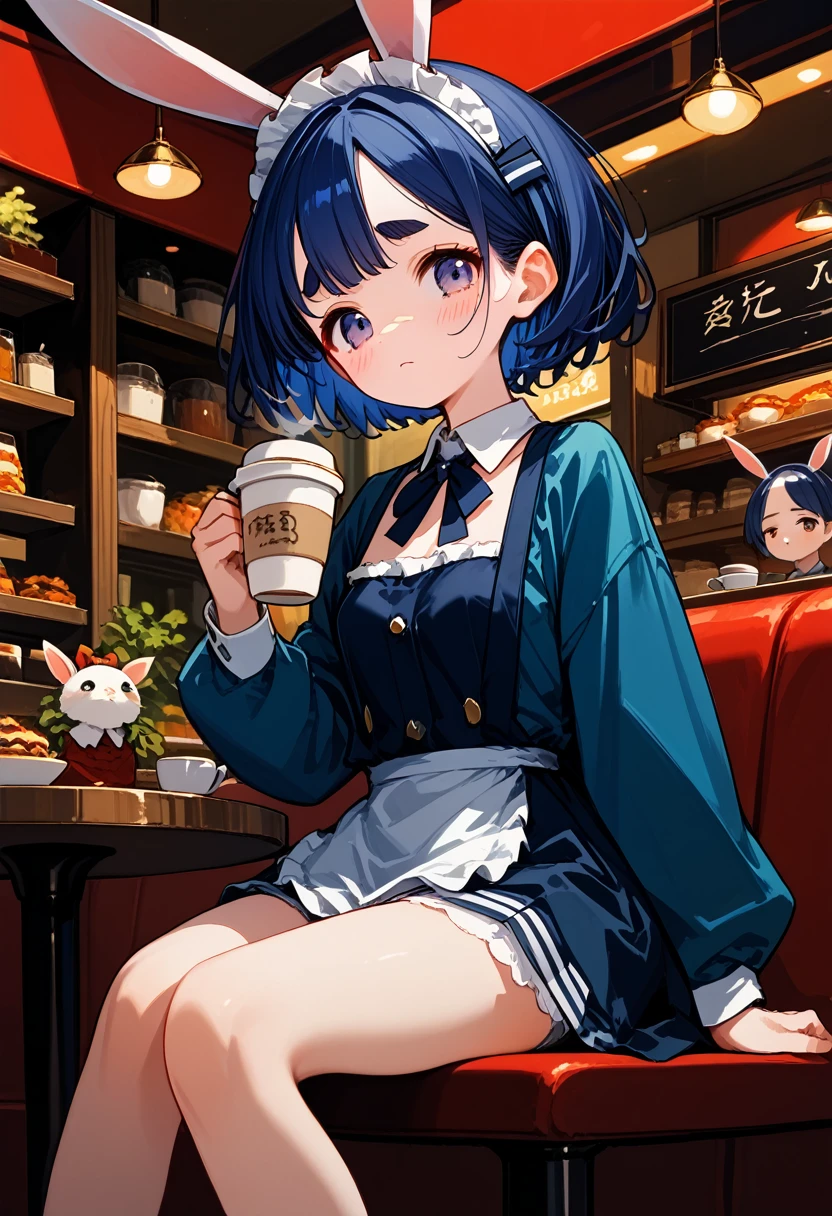 score_9, score_8_up,score_7_up,flat color,(best quality, masterpiece, ultra high-resolution, ultra-detailed,anime style illustration,Girl carrying coffee in a cafe,cafe Waitress,Wearing a bunny girl costume in cafe, looking shy, BREAK (girl,16yo,detailed face,(darkblue hair,wavy-short hair),middle thick eyebrows,middle small breasts),