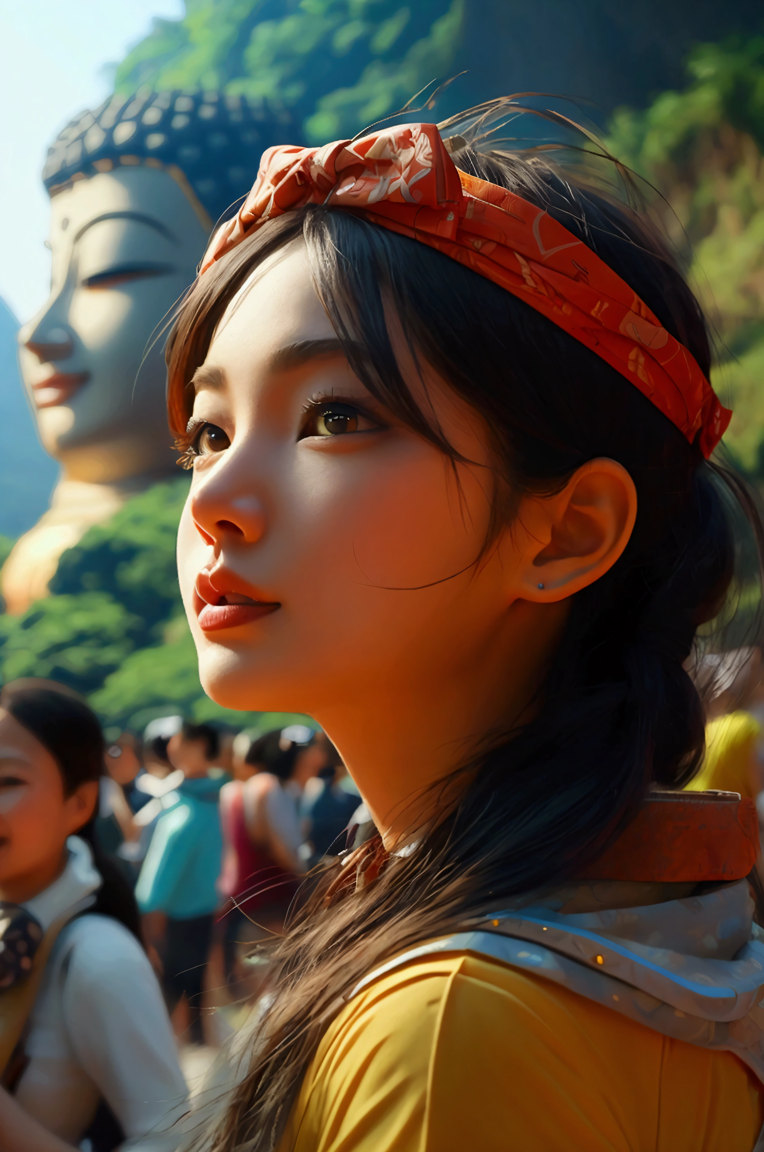 A woman and tourists take a photo at the Leshan Giant Buddha,Anime style,Pixar style