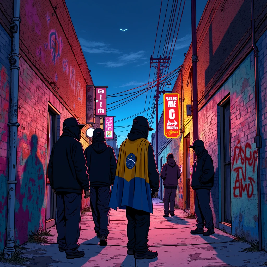 Illustration of a graffitied alley of the 90s gangster underworld in Los Angeles at night in a cartoon movie style with no faces in black caps, a Paraguayan flag and a cigarette in hand