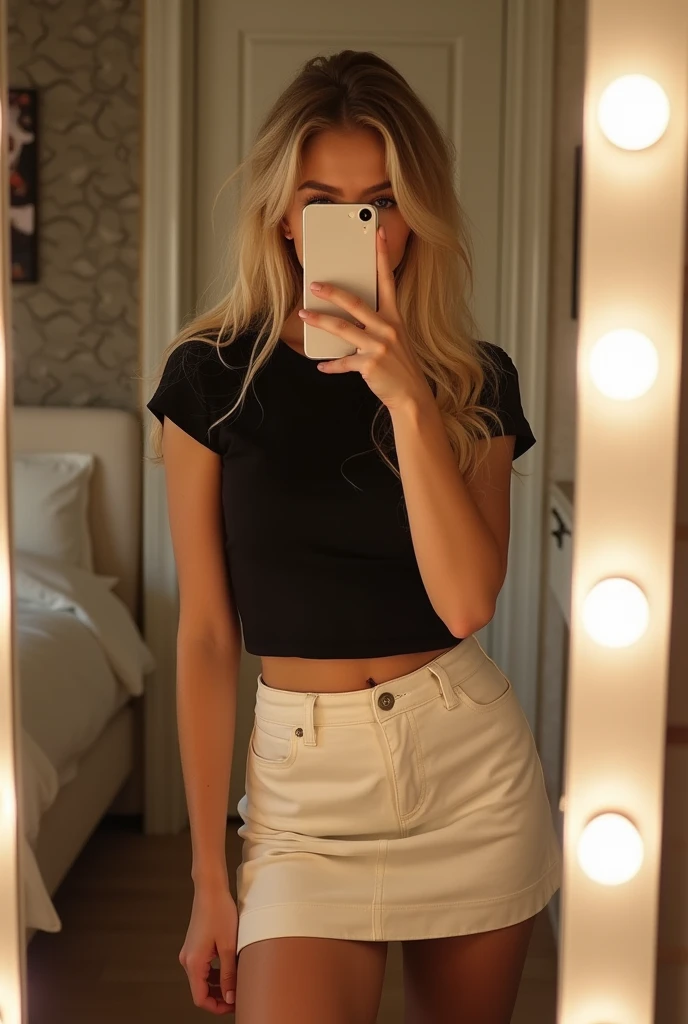 Photo of a young blonde girl taking a selfie in her bedroom, striking a very sexy pose with her phone in front of her mirror. She hides her face completely. She's wearing a very short white skirt that shows off her buttocks. She's wearing a black t-shirt. She's of average build. The mirror is equipped with white LEDs.