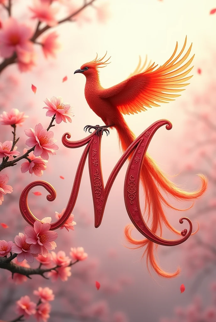 Pink cursive uppercase letter M with elegant details with cherry blossoms and a large phoenix bird on it with open wings taking flight, long tail raised and happy look