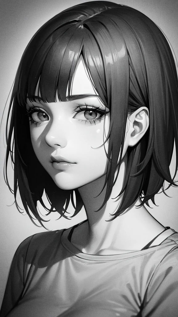 1girl, solo, monochrome, greyscale, short black hair, portrait, T-shirt, closed mouth, looking at viewer, sketch, graphite \(medium\), detailed lips, hatching \(texture\), without makeup, bangs, upper body, (best illustration), (best quality), (very detailed), (masterpiece),