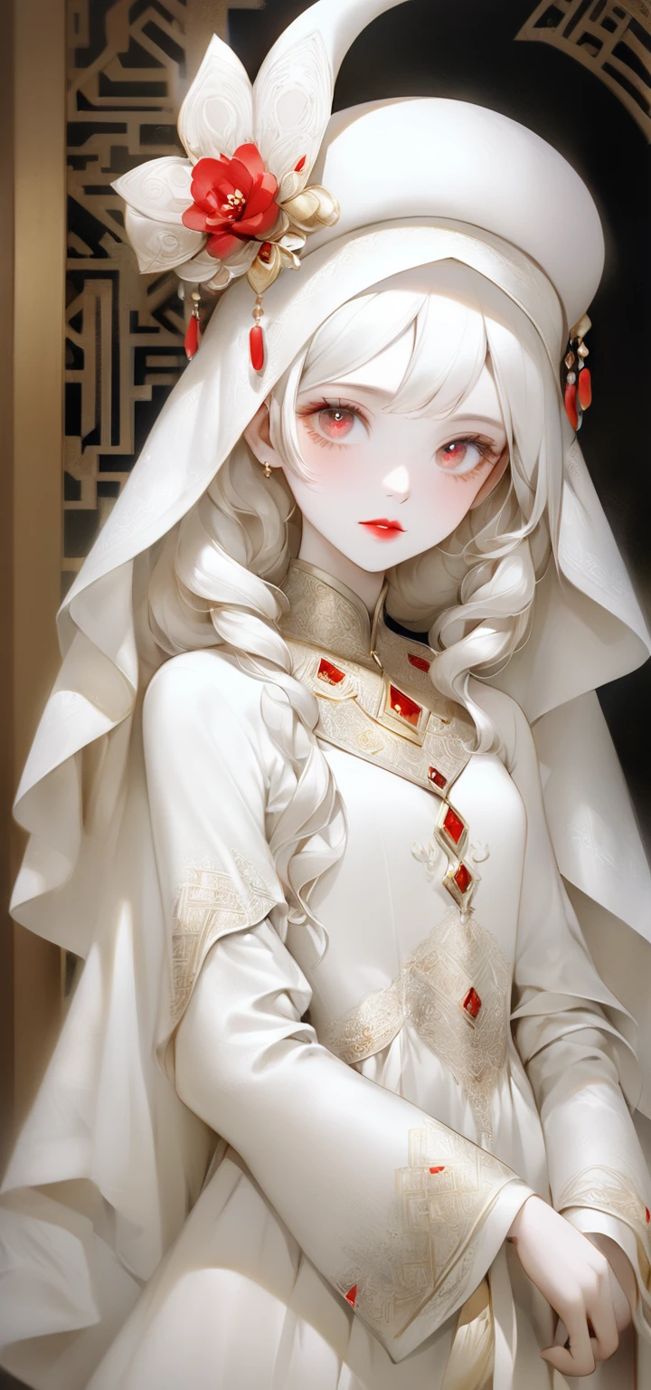 Arabian woman wearing a white hat and dress and red lipstick, pale White skin like porcelain, Gwaiz, Gwaiz masterpiece, artwork in the style of Gwaiz, Soft Portrait Shot 8k, Pale Young Ghost Girl, White skin like porcelain, By Russell Dongjun Lu, Pale milky porcelain skin, Elegant woman with white skin