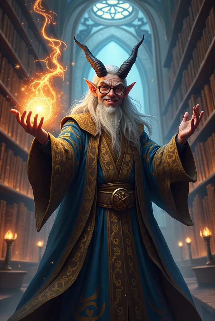 Tiefling, man, wizard clothes, Long silver hair, round reading glasses, smiling, doing some spell, character sheet, standing, making some powerful spell