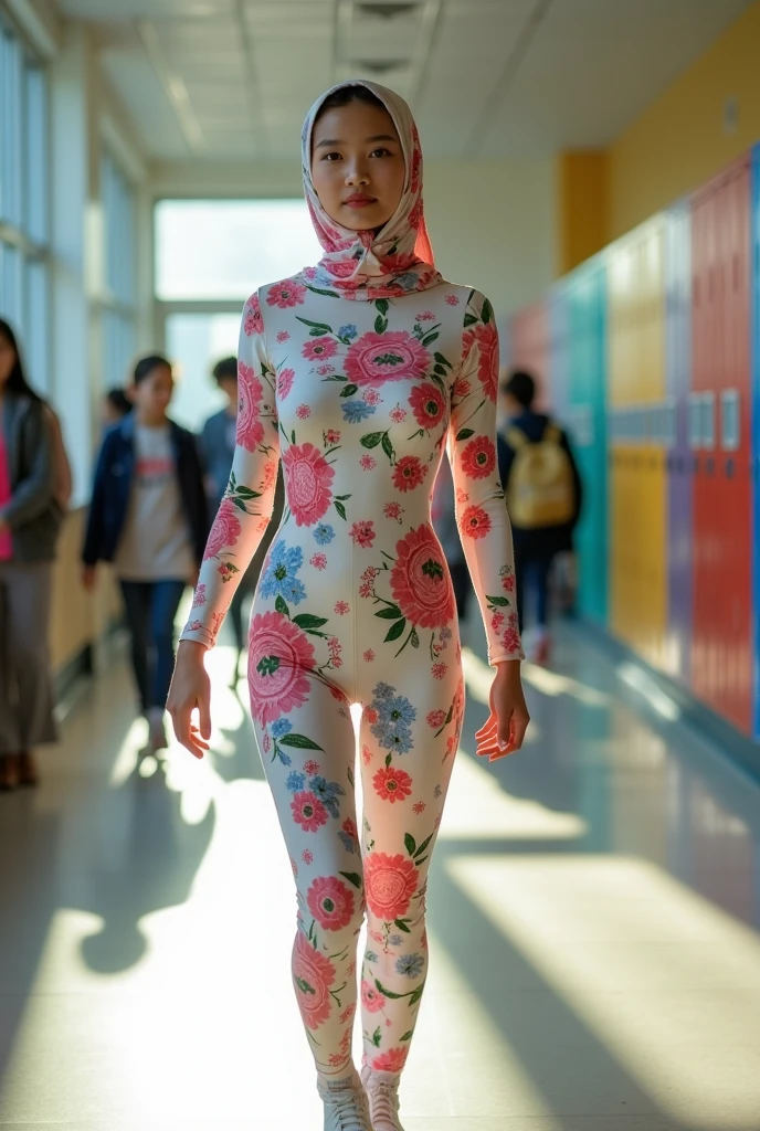 A beautiful and thin chinese student girl wears floral print lycra turtleneck unitard catsuit and always wear floral print lycra hijab-like hood.She is at school.