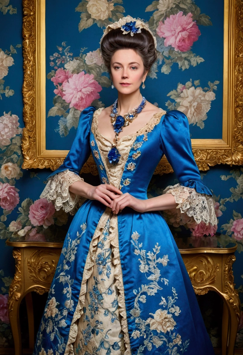 A woman in a blue dress and necklace standing in front of a floral wall, dress in rococo style, exquisite aristocratic, Rococo queen, wearing an ornate suit, intricate victorian dress, in victorian aristocrat, blue victorian dress, aristocratic clothing, wearing a noblewoman's outfit, victorian style costume, royal imperial elegant clothing, aristocratic appearance