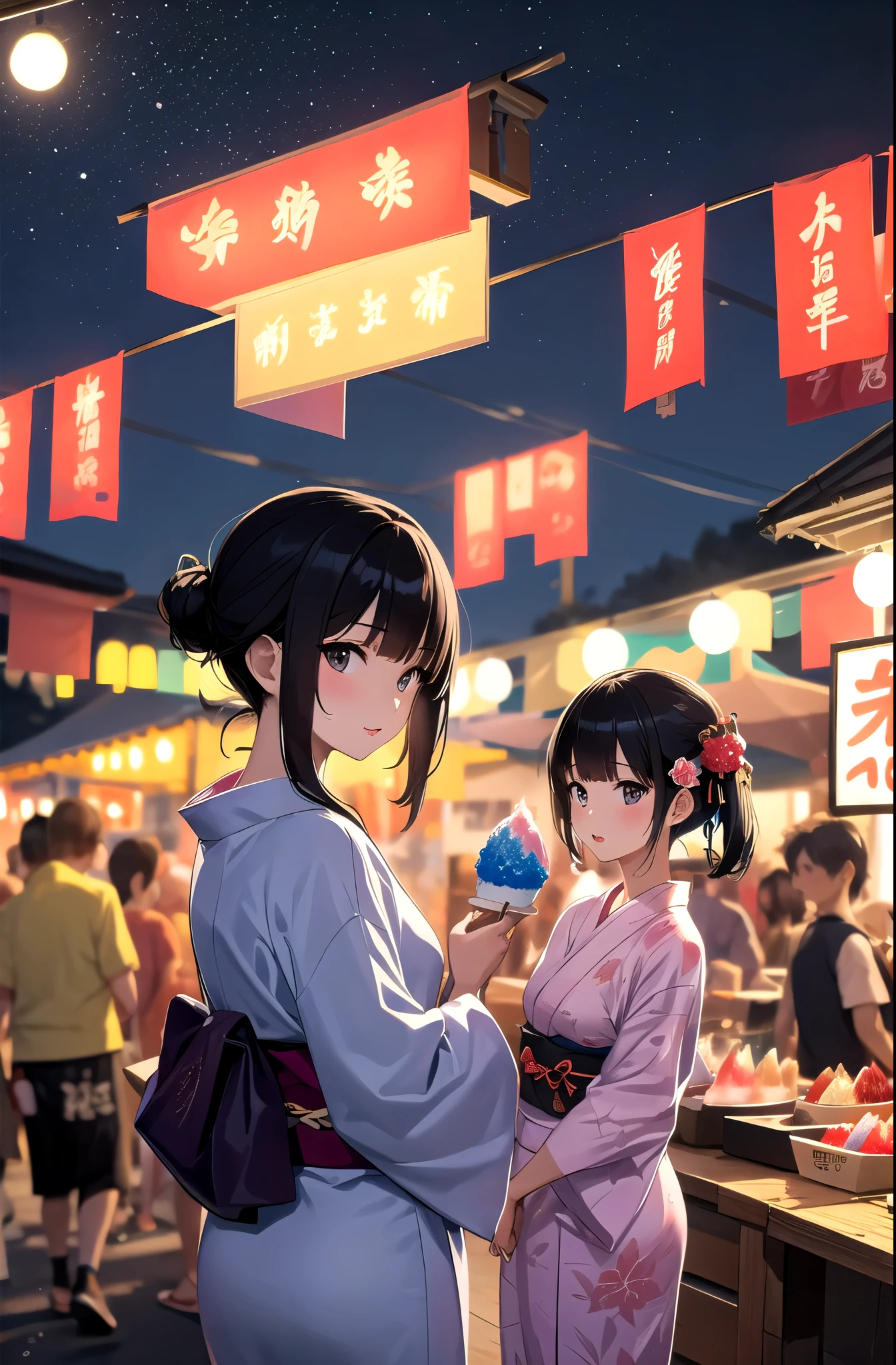 shaved ice,yukata,Black Hair,Summer festival,night,stall