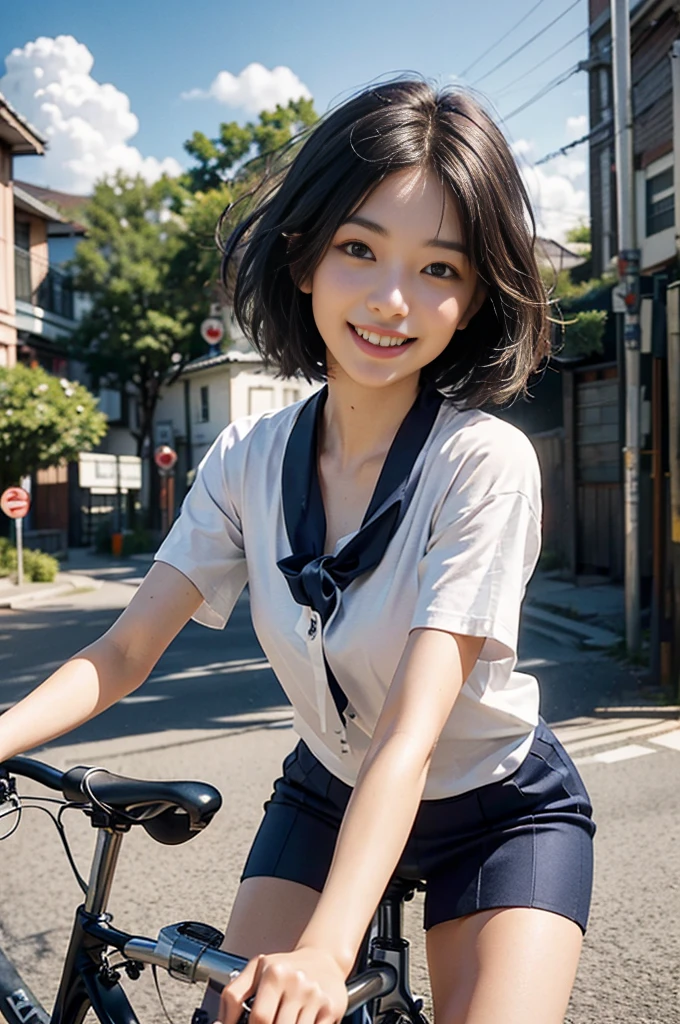 Best image quality、Ultra-high resolution、Tabletop、Photo quality(Realistic:1.8)、pores、Accuracy、Japanese women、、Black-haired、cuteえくぼ、Young Face、cute、Short Bob、Slender、Small breasts、 Flat Chest、To the camera、Turn your body forward、Gravure Beautiful Girl、whole body、student、Bicycle commute、White short sleeve blouse、Blue tie、Navy blue pleated skirt、blue sky、White cloud、Light of the sun、Reflective plate、ride a bicycle、Cross Bike、bicycle girl、cycling、bicycle ride、protrude、Laughing with your mouth open、White teeth、
