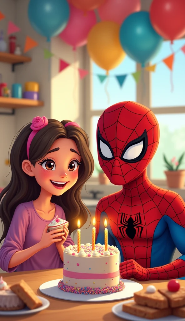 Spiderman sit next toa girl. Spiderman celebrate kid's birthday with her mom in the kitchen