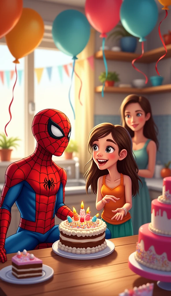 Spiderman sit next toa girl. Spiderman celebrate ???'s birthday with her mom in the kitchen