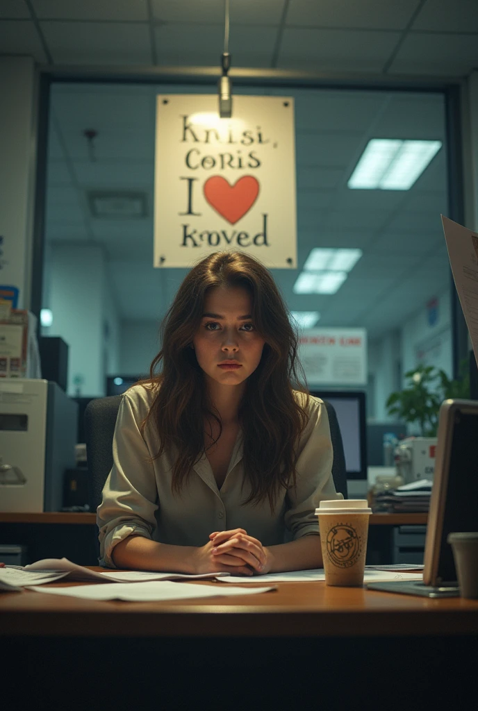 Sad girl yuryunetka with brown eyes at work, She has a name tag with the name Ksenia , there is a poster behind her that says Kris , I love you