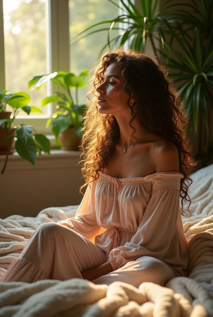 (photorealism:1.2), beautiful woman, sitting on bed, wearing loose off-shoulder top, pajama pants, long curly hair, indoors, soft lighting, plants in background, window with sunlight, cozy room, relaxed pose, realistic, intricate details, warm colors, by Greg Rutkowski, by Alphonse Mucha