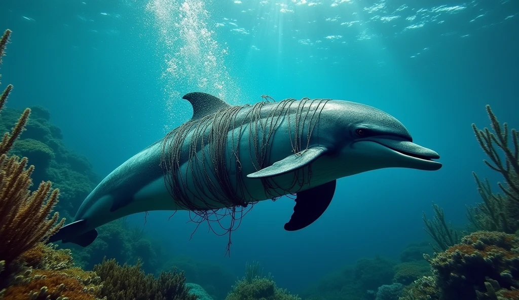 A dolphin is entangled in a net and cannot move.