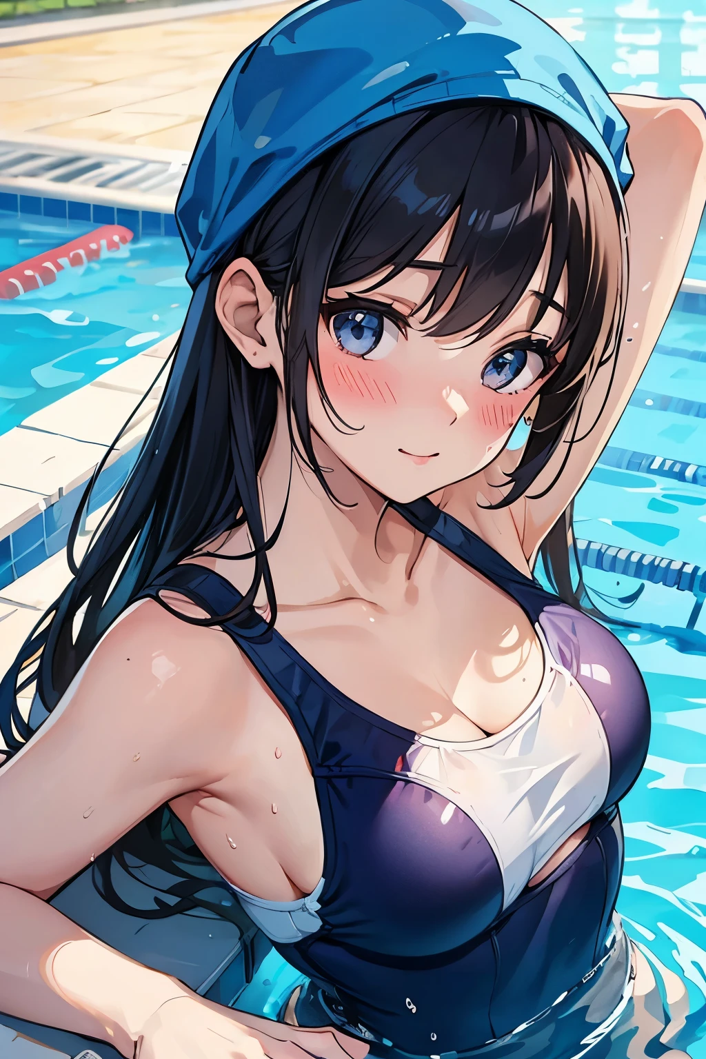 1 girl,small breasts,,lilac long-haired,poor body,high school student,pool,I can see the nipples,School swimsuit coming off
