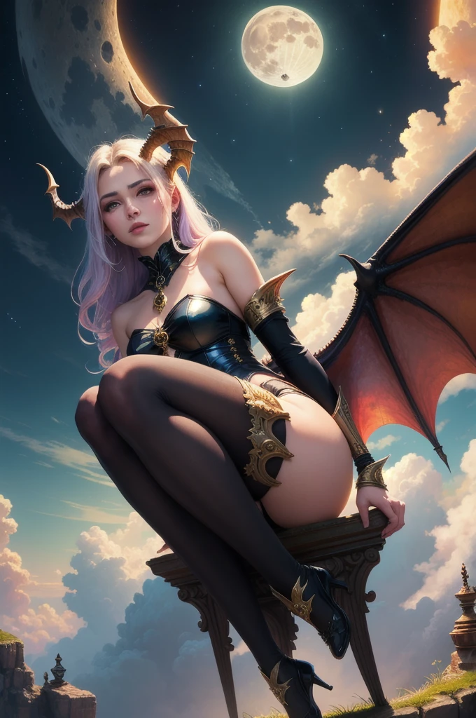 ((best quality)), ((masterpiece)), (detailed), succubus, ethereal beauty, perched on a cloud, (fantasy illustration:1.3), enchanting gaze, leotard, pantyhose, stockings, bodysuit, captivating pose, delicate wings, otherworldly charm, mystical sky, large moon, moonlit night, soft colors, (detailed cloudscape:1.3), (high-resolution:1.2), from below, (rating_explicit), (score_9, score_8_up, score_7_up, score_6_up, score_5_up, score_4_up, high res, 4k), dragon king with his human queen