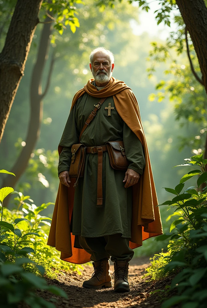 a super heroic priest, middle aged, with clergyman, but explorer dresses as a new saint paul in the forest
