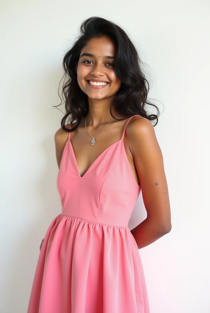 A cute 20 years old indian girl , photoshoot , rough dry face skin , sexy and hot , pink dress , full body view , white wall background