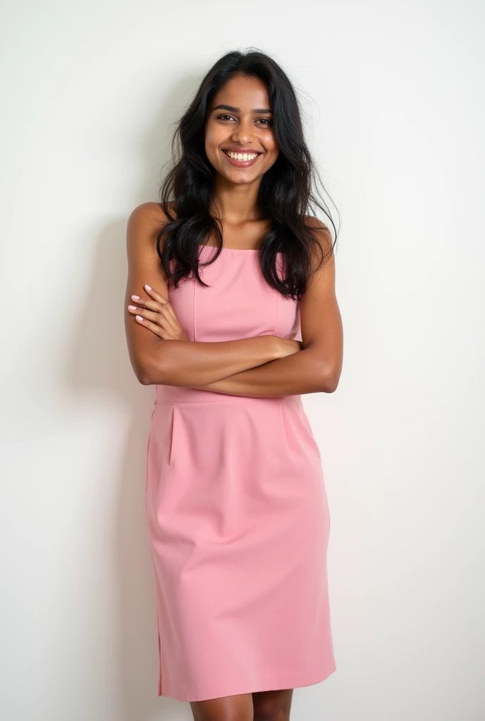 A cute 20 years old indian girl , photoshoot , rough dry face skin , sexy and hot , pink dress , full body view , white wall background 