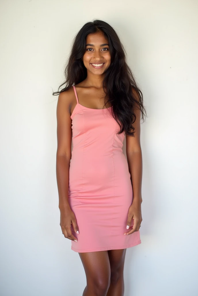 A cute 20 years old indian girl , photoshoot , rough dry face skin , sexy and hot , pink dress , full body view , white wall background