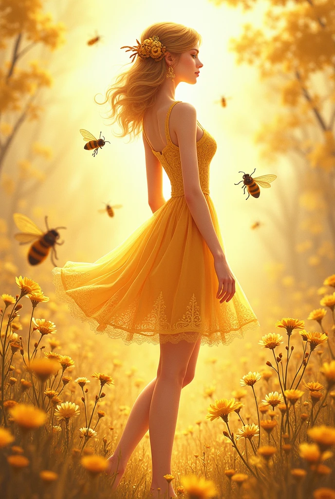 Create an illustration set inspired by a perfume with a sweet, honey-like fragrance. Design a fairy tale-style outfit that blends seamlessly with modern elements, combining Victorian elegance with contemporary beauty. The outfit should include a short dress that is both functional and stylish, with a connection between bees and the perfume