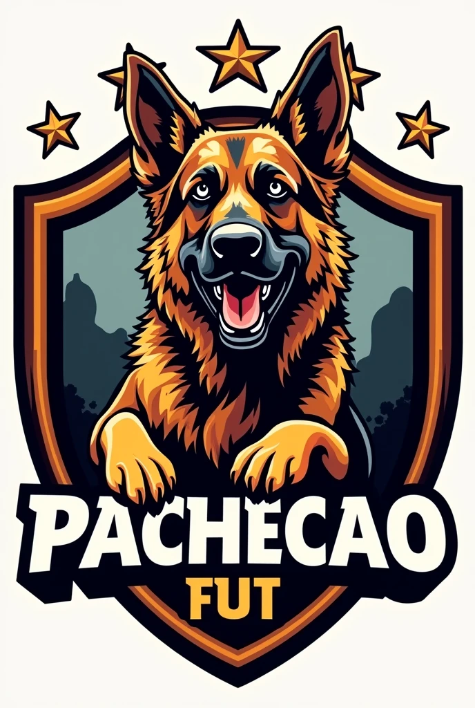 Football team shield with a drawing of a German Shepherd written: pachecao fut
