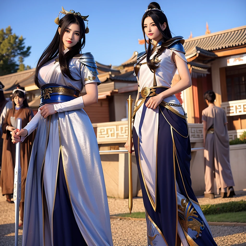 A standing beautiful ancient Chinese female soldier with silver-white leather armor, big breasts, long legs, long black hair and a weapon. 