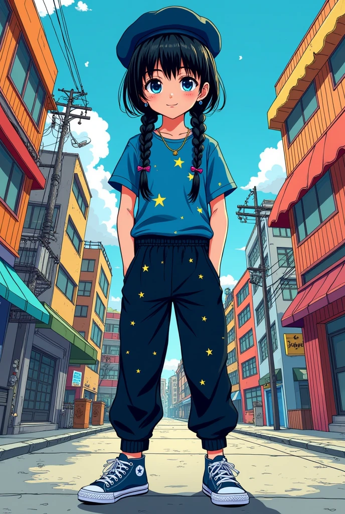 Make me a bungo stray dogs comic style picture, a 13 year old white girl, black hair tied in 2 large braids, has a cute and long fringe but it doesn't cover her eyes and her hair is a little untied, her eyes are a little big and are dark blue with a star inside them, She is wearing a blouse like the one in the movie Coraline, blue with stars and long sleeves that cover a little of the palms of her hands., a black jogger pants and a blue all star sneakers. She is wearing a small silver earring and a thin black belt., a navy blue beret and a thin gold necklace. She has her nails painted black and is standing up.